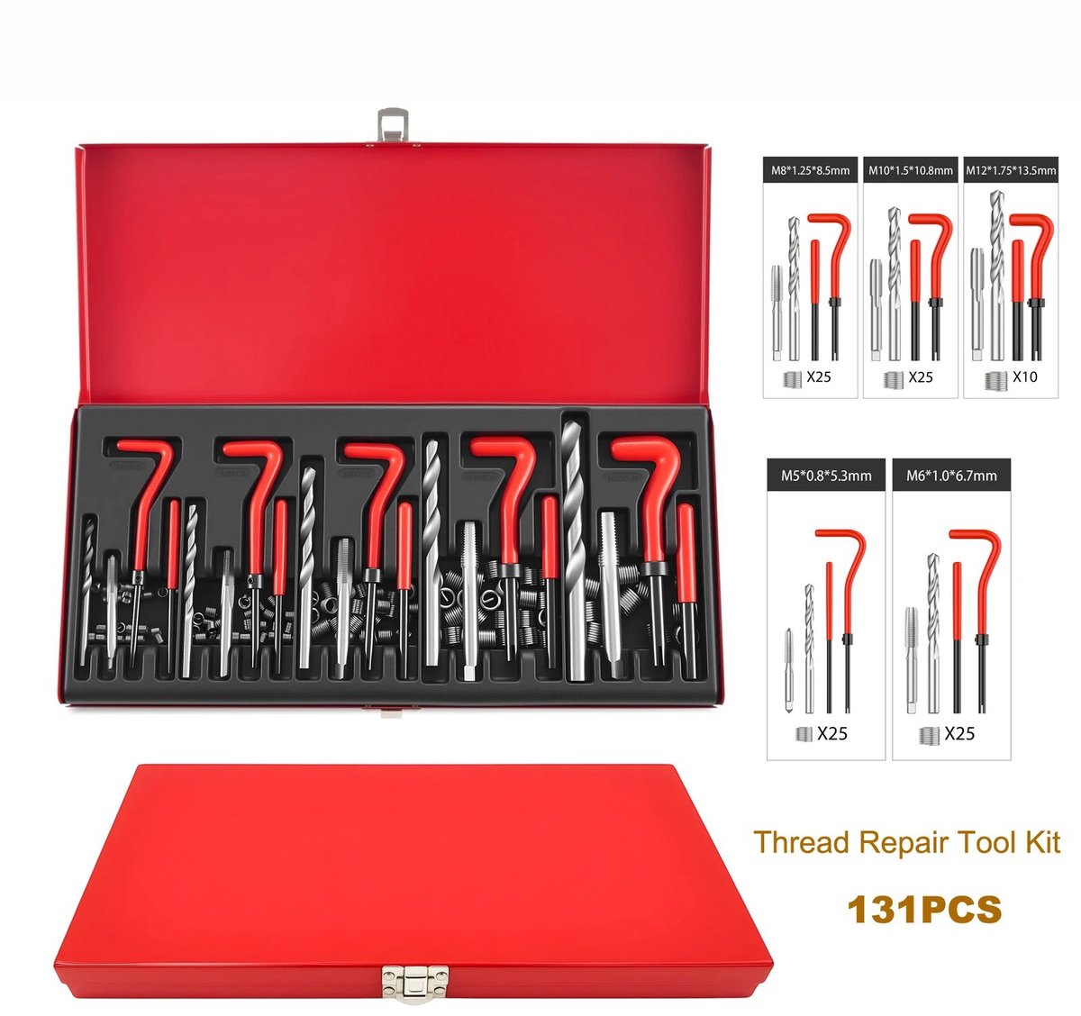 Hutjemutje - gereedschapsset - schroefdraad reparatieset 131-delig - M5, M6, M8, M10, M12 - Voor auto&moto, boorhuls, Helicoil, schroefhuls - rood
