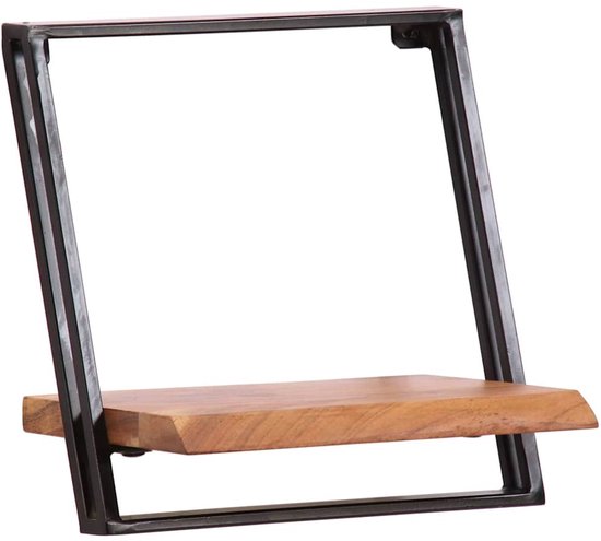 Een enkele houten wandplank met een schuin zwart metalen frame.