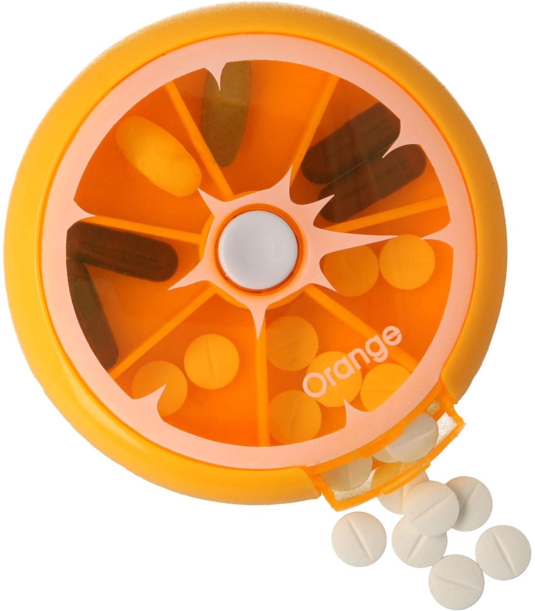 Okado Pillendoos Week Organizer Oranje – Ronde Pillenbox met 7 Vakjes – Medicijn Doosje voor Dagelijkse Inname – Compact en Overzichtelijk