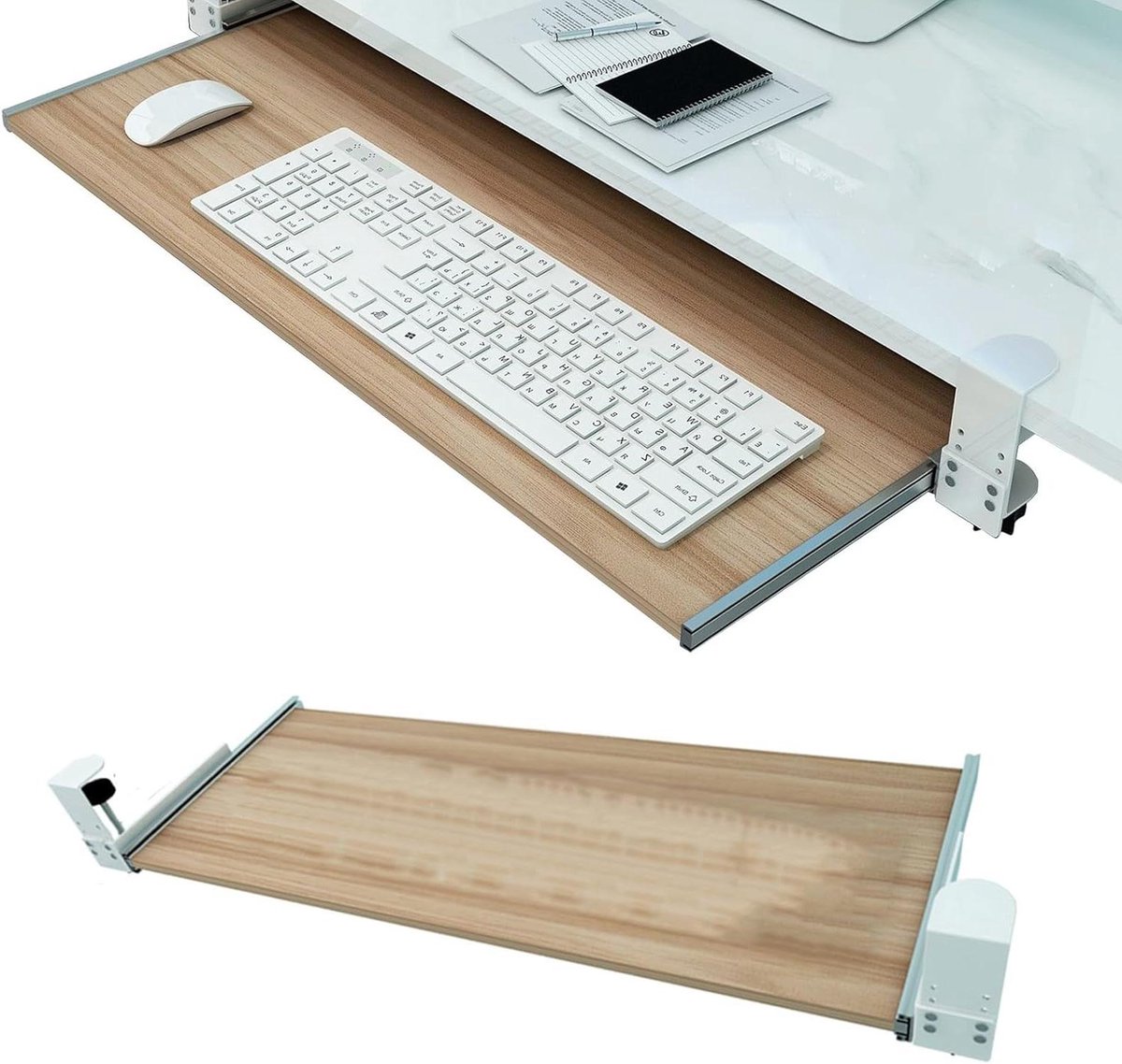 Verstelbare Toetsenbordlade - Onder Bureau Lade - Ergonomisch Werken - Ponsvrije Installatie - 55/65/75x30cm - Houtkleur