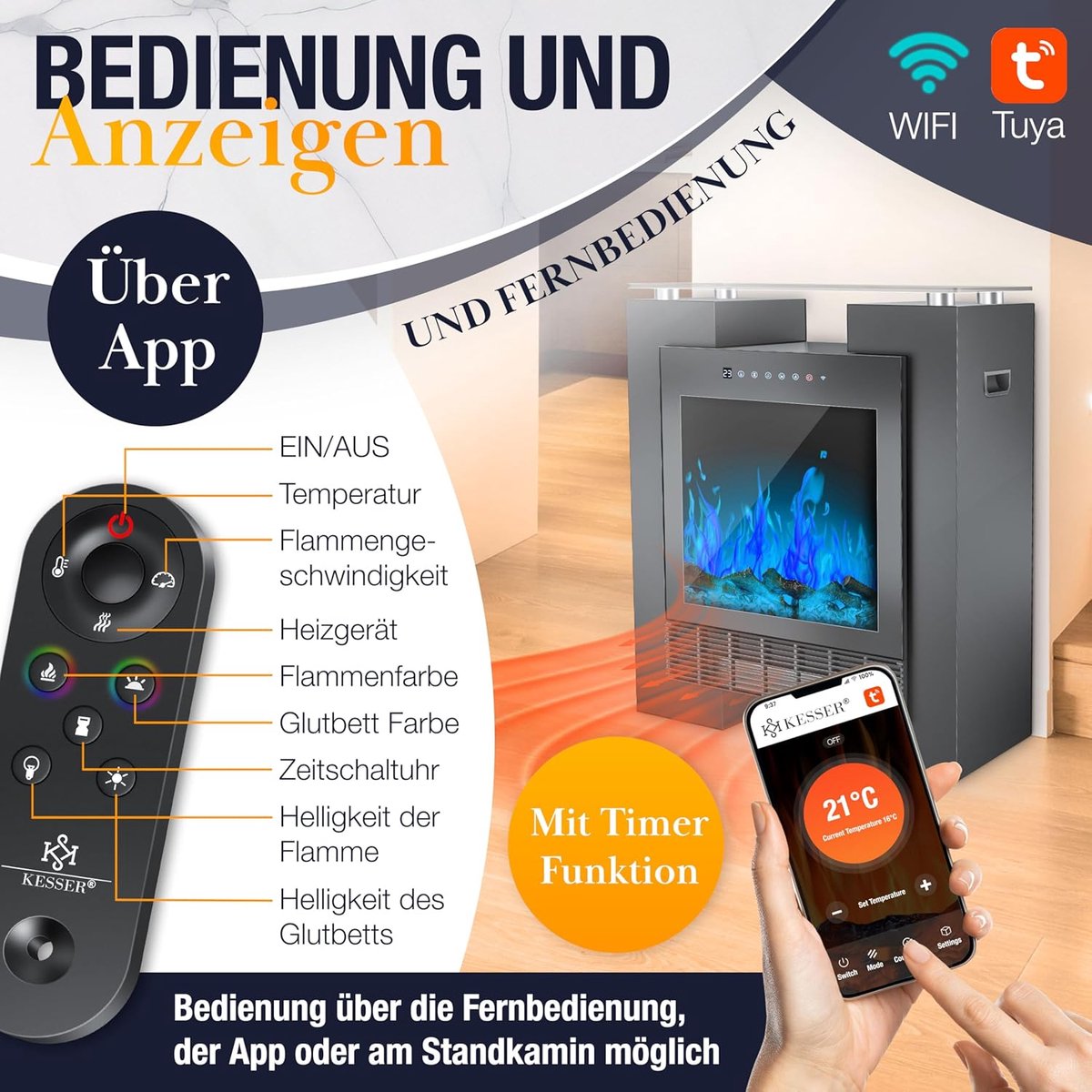 Elektrische haard met verwarming 1800W – ABTkantoor LED staande sfeerhaard met realistisch vlameffect, WiFi + app + afstandsbediening, thermostaat 15-35°C, timer, 6 vlamkleuren, 25m², vrijstaand design zwart