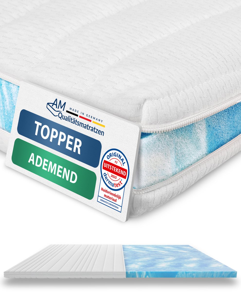 AM Qualitätsmatratzen Verkoelende matrasbeschermer 140 x 200 cm tegen zweten - Made in Germany - Verkoelende matrasbeschermer cm met wasbare hoes - topper ademend voor de zomer Wit