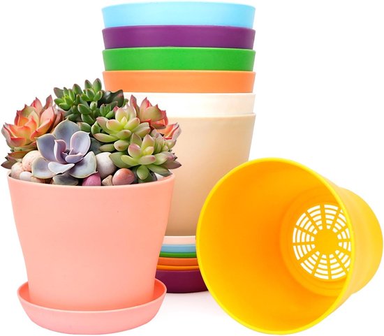 Kweekpot - Kleurrijke Bloempot - Met Afvoergaten - Inclusief Schotel - 12 Cm Kunststof...