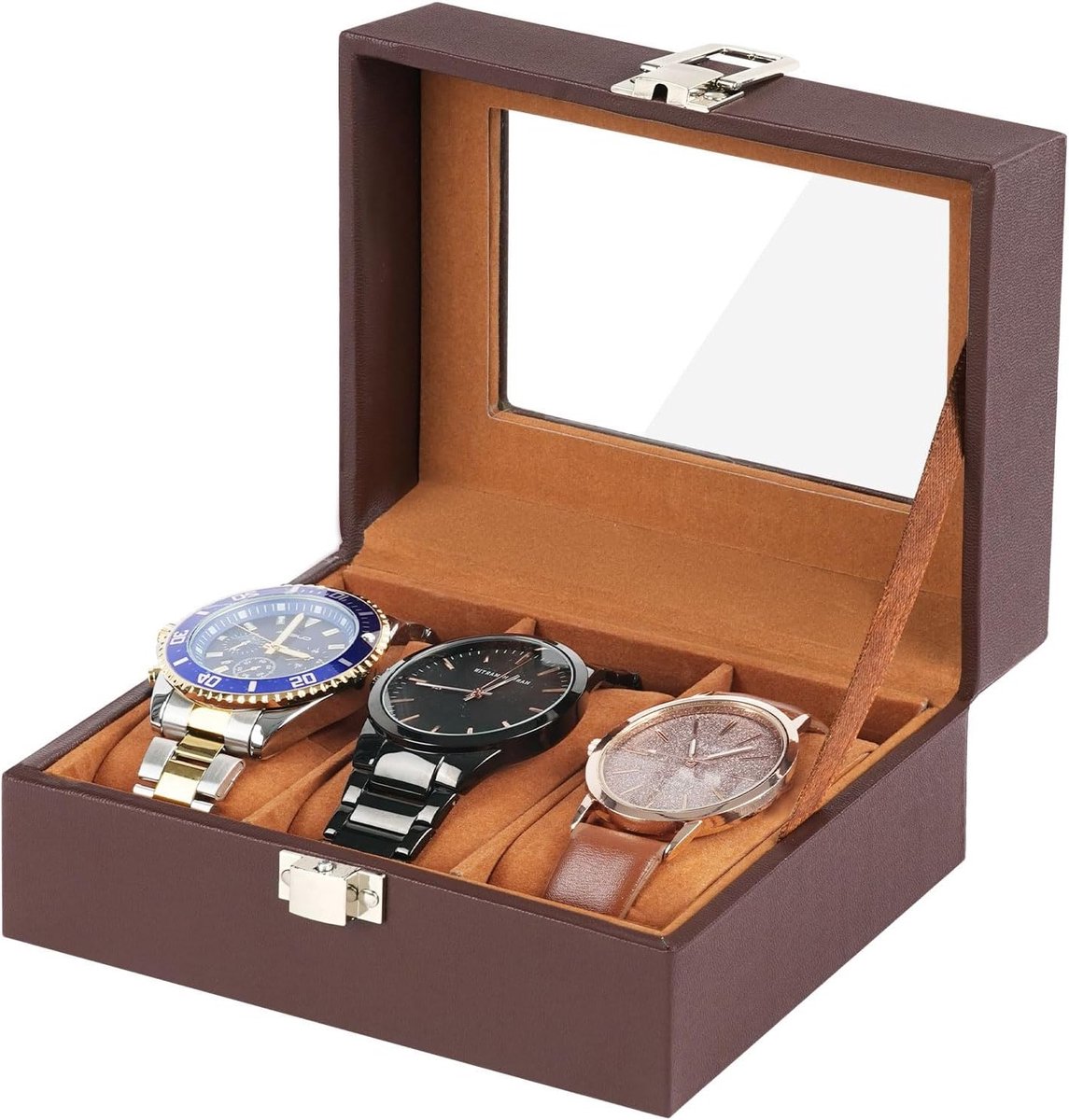 Watch Box met 3 Slots, Horloge Case met Glazen Deksel, PU Leren Horloge Opbergdoos voor Sieraden en Armbanden (Bruin)