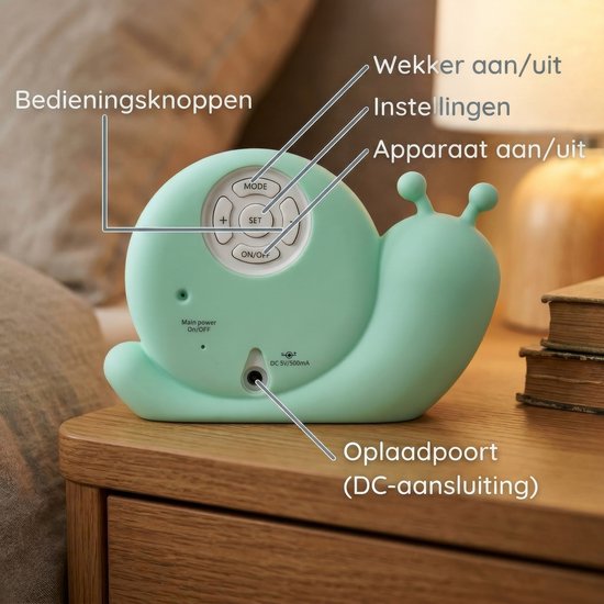 Achterkant mintgroene slak slaaptrainer met bedieningsknoppen en oplaadpoort.