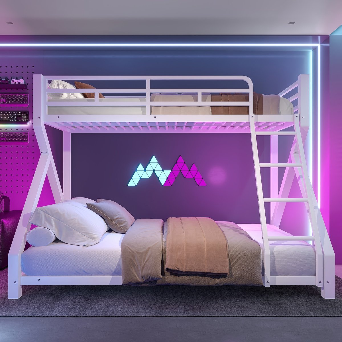 Stapelbed 90x200 / Stapelbed met opbergruimte / Kinderstapelbed – met Veiligheidshek, Ladder – Metaal – Wit – Zonder Matras