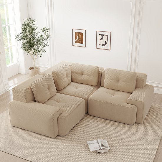 FloraGrace Hoekbank Modulair - Diepe Zitting, Frameloos Comfort & Antislip Onderzijde - Woonkamer - Corduroy - Beige