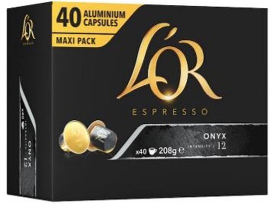 Doos met 40 L'OR Espresso Onyx aluminium cups, Maxi Pack, intensiteit 12.
