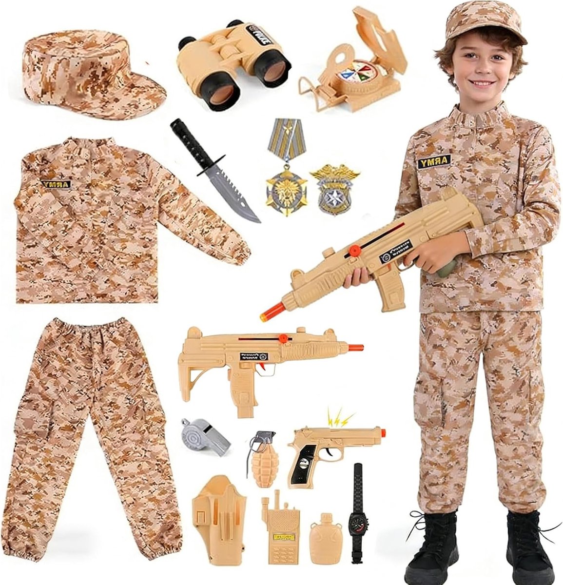 Kinderkostuum in militaire stijl met camouflage, walkietalkie en speelgoedmachinegeweer voor jongens en meisjes