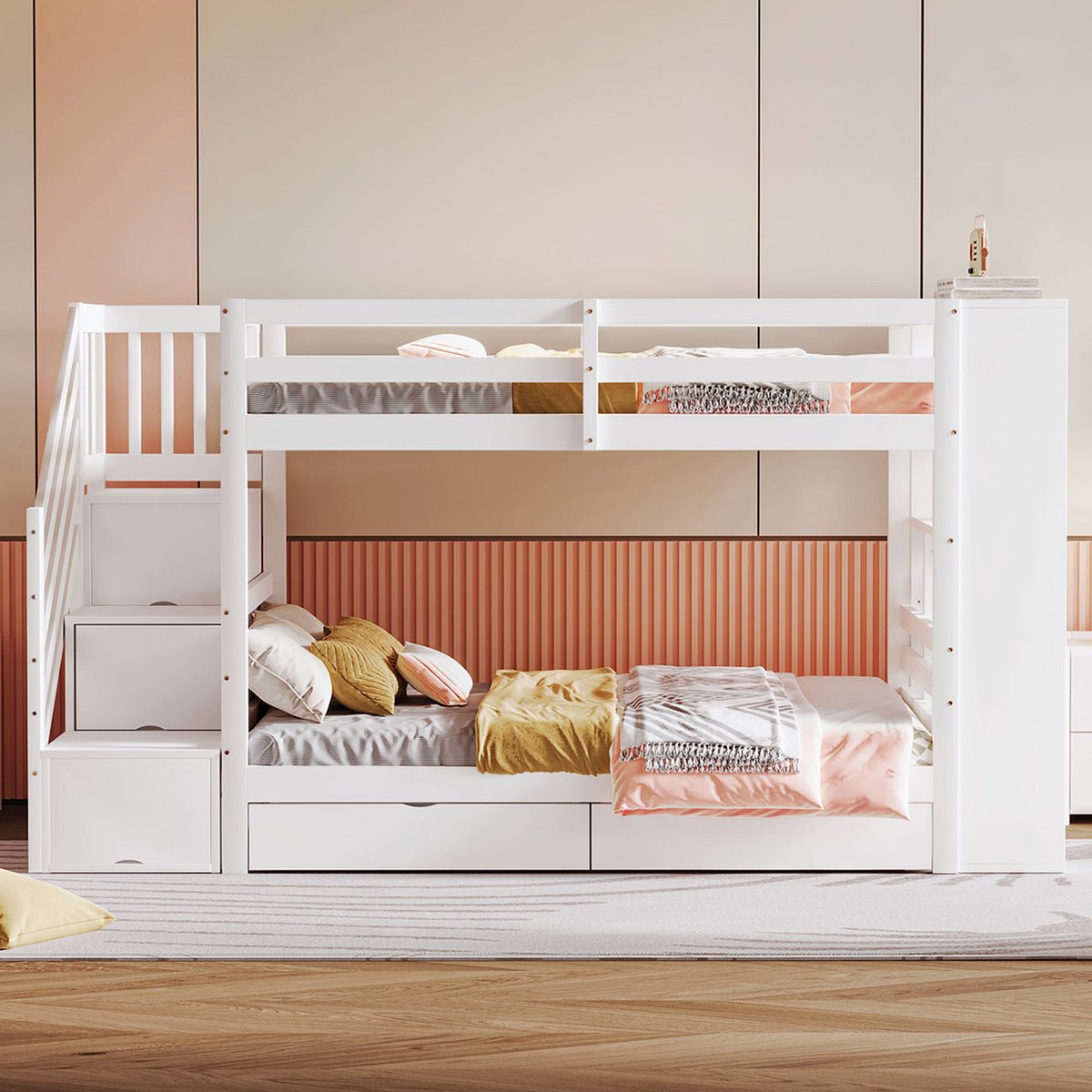 VVBV Stapelbed 90x200 cm - Opbergruimte, Lades, Planken, Lattenbodem, Trap/Ladder, Uitvalbeveiliging - Massief Hout Wit