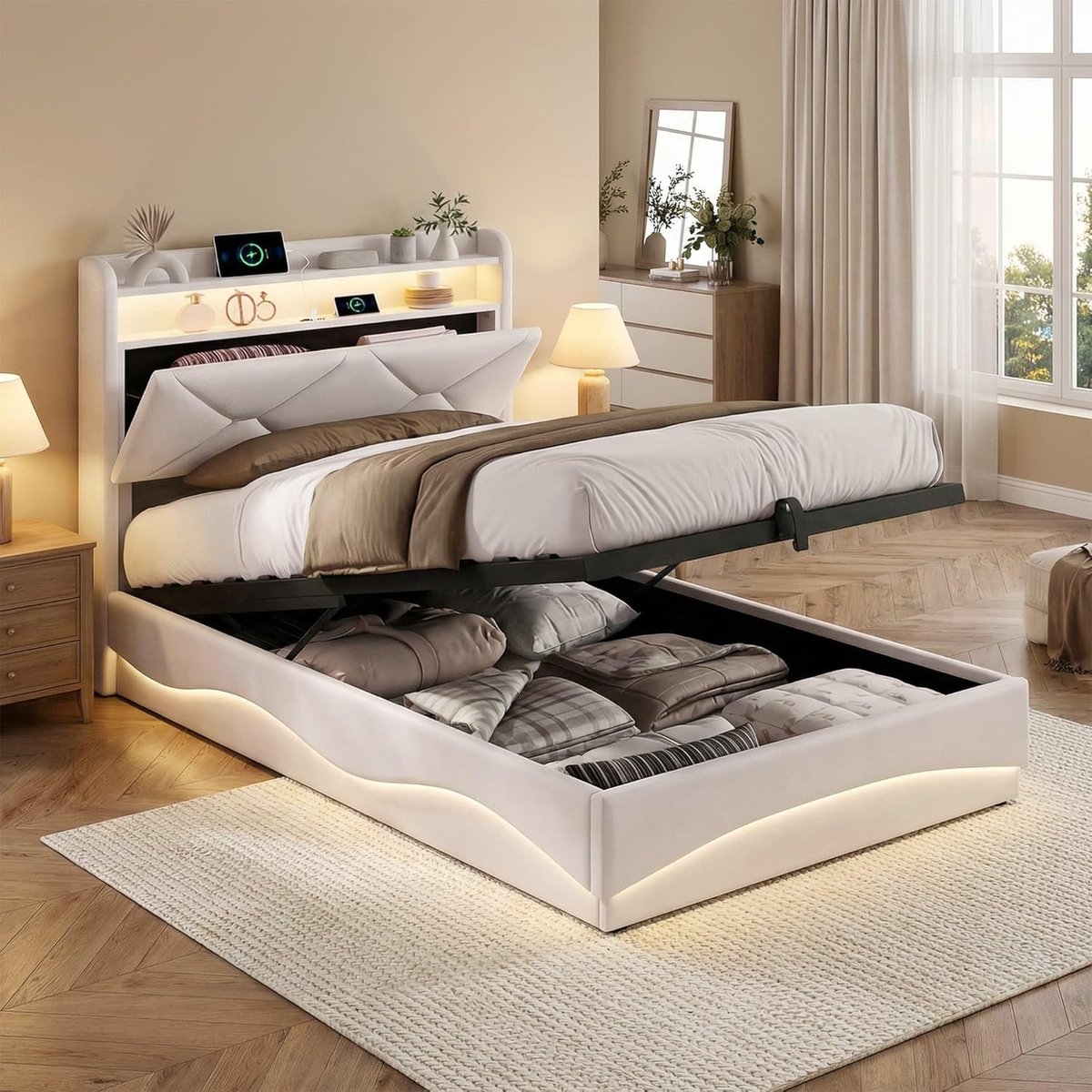 Nordic Smart Eenpersoonsbed – 90x200 cm – Met Boekenkast Hoofdbord & Hydraulische Opbergruimte