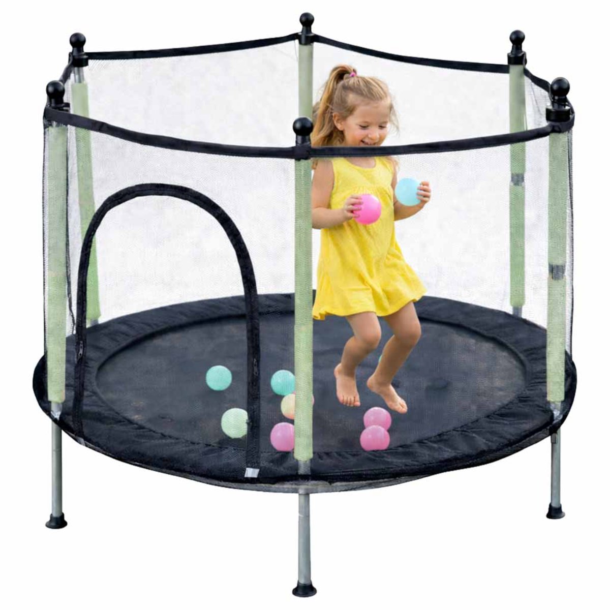 Trampoline voor kinderen - 140 cm met veiligheidsnet en ritsingang - Mini tuintrampoline met stabiel frame, antislip poten, springmat en ballen - Compacte trampoline voor tuin en binnen gebruik, veilig en stevig Met Ebook — afbeelding 2