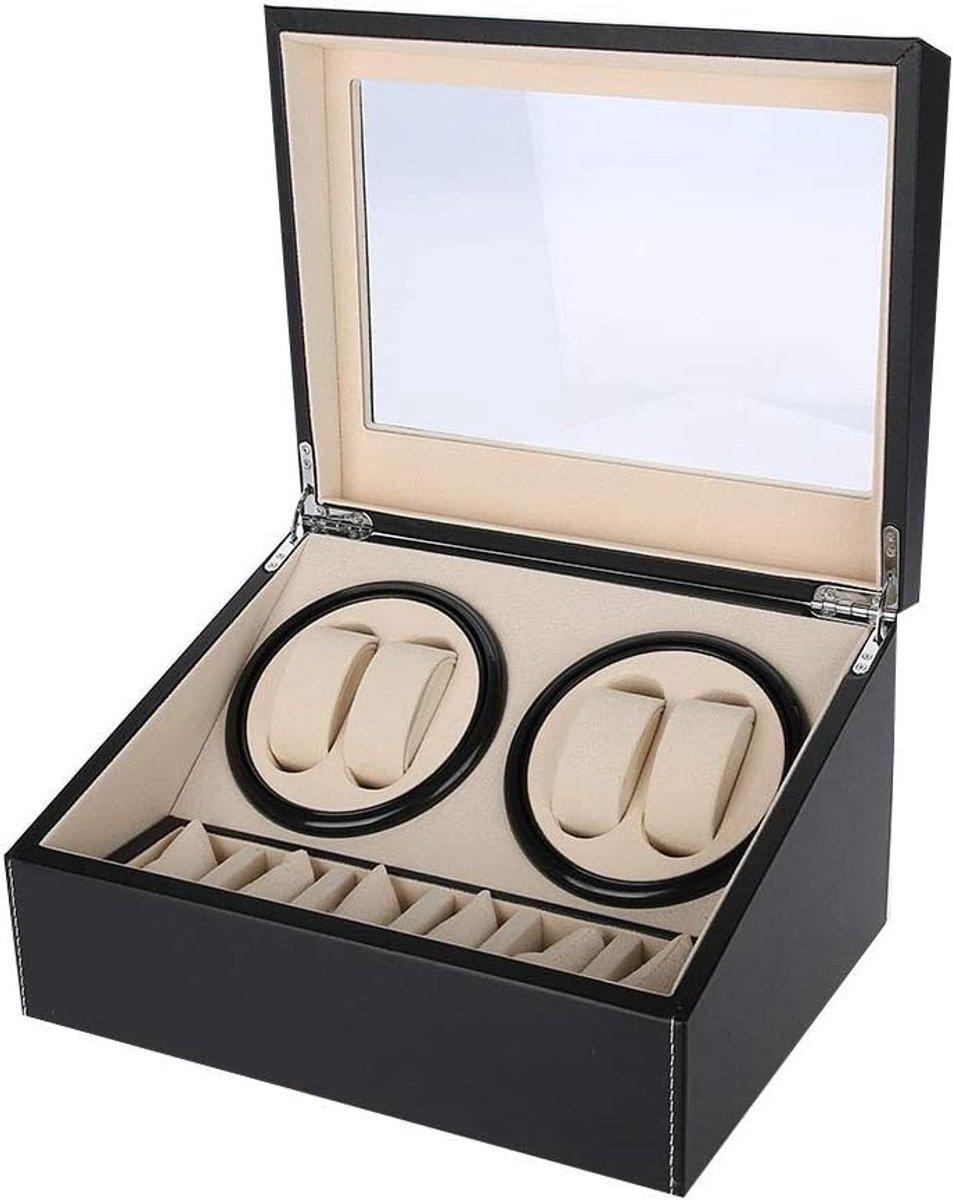 Elegante Horloge Display Box en Winder voor 4 Automatische Horloges met 6 Opbergvakken, Stille Motor en Meerdere Rotaties, Bruin, 31 x 24 x 18 cm
