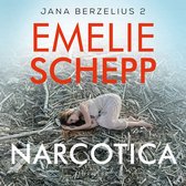 Boekomslag 'Narcotica' met op de voorgrond een jonge vrouw in een wit jurkje, liggend op een hoop takken. Titel en auteur in rode letters.