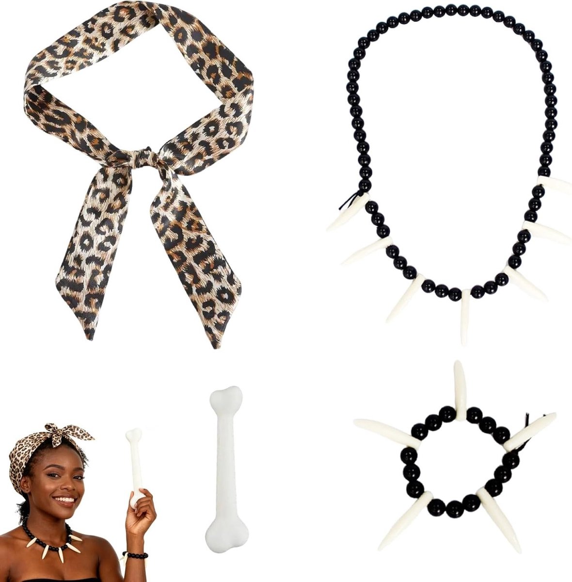 Prehistorisch kostuumaccessoireset voor kinderen en volwassenen - 4-delige set met nepbones, luipaardprint sjaal, ketting en armband - perfect voor themafeesten en carnaval