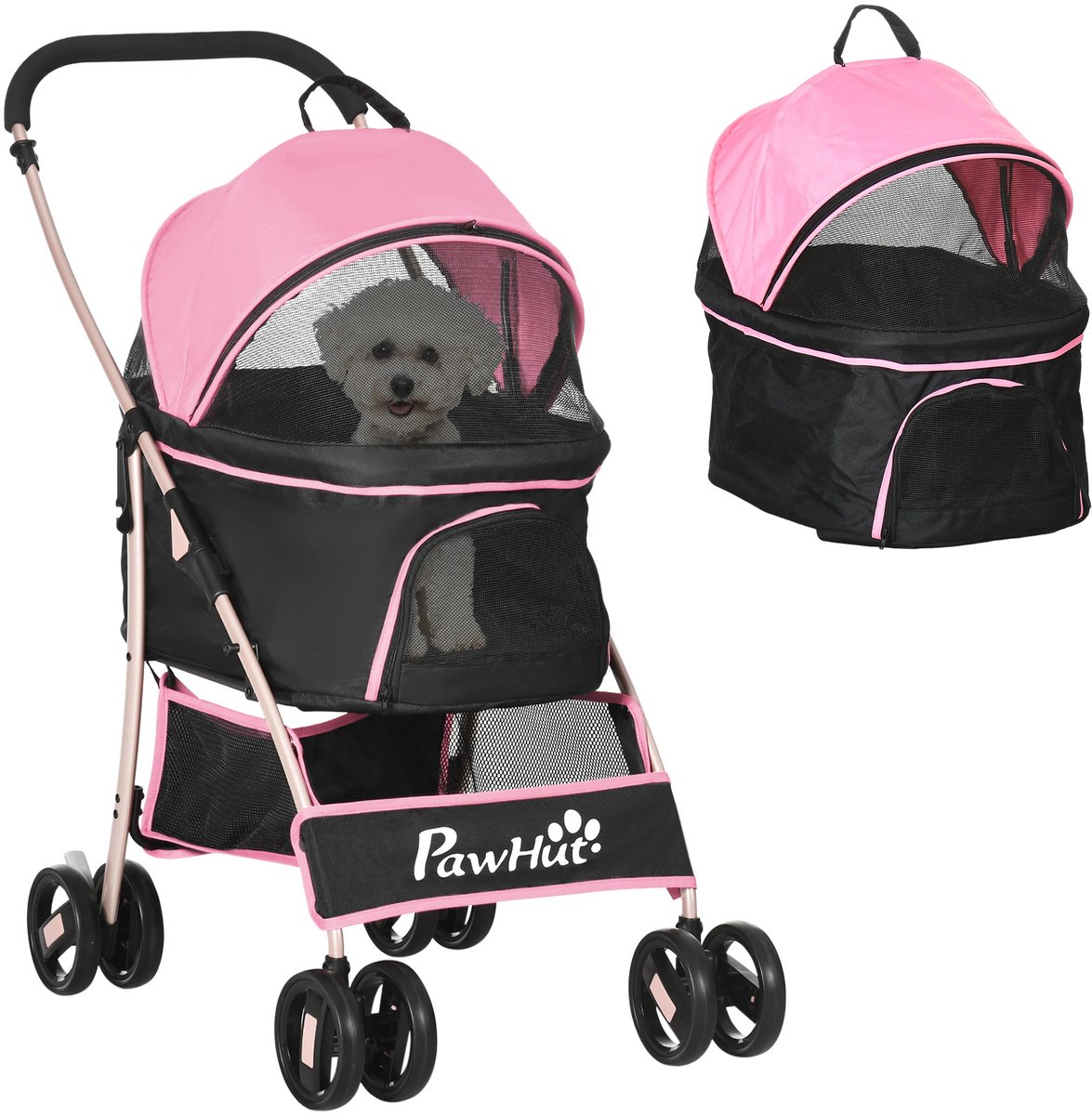 Hondenbuggy – 3-in-1 afneembare - Hondenkar - Huisdierenkar - Tot 10 kg – Roze