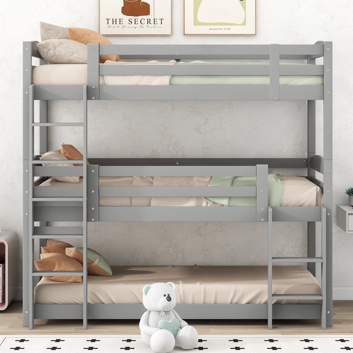 VVBV Stapelbed 90x200 / Kinderstapelbed – met Ladder – Grijs – Zonder Matras – Voor Kinderen en Tieners – Lattenbodem