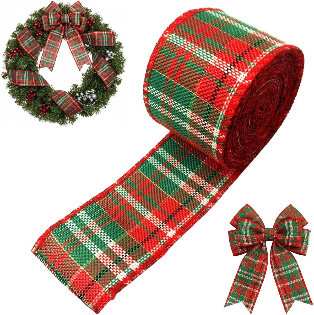 10 meter jute lint met draad - 6 cm breed geruit cadeau lint in rood en groen - decoratielint voor kerstkransen, cadeaus en boomversiering