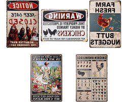 Retro Tin Sign met Kip Thema - 5 Delige Set van 20 x 30 cm - Vintage Tuin Decoratie en Waarschuwingsborden voor Kippenhok en Boerderij Accessoires
