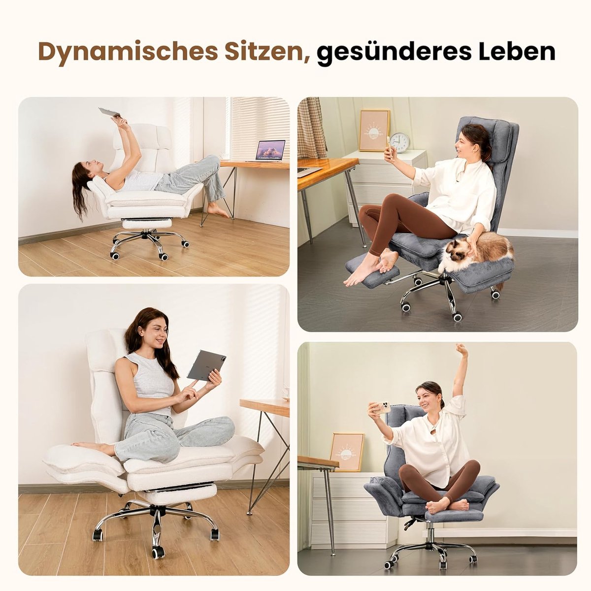 Bureaustoel Ergonomisch XXL met Voetensteun en Verstelbare Rugleuning 135° – Meuble Paris Luxe Teddyfleece Directiestoel – Gaming Stoel met Inklapbare Armleuningen, Hoge Rug, Draaibaar, Belastbaar tot 180 kg – Beige