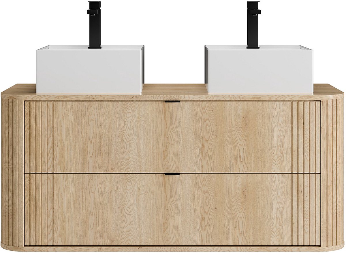 Vente-unique Zwevend badkamermeubel met dubbele vierkante opzetwastafel en kraan - Licht naturel - B120 cm - FILOR
