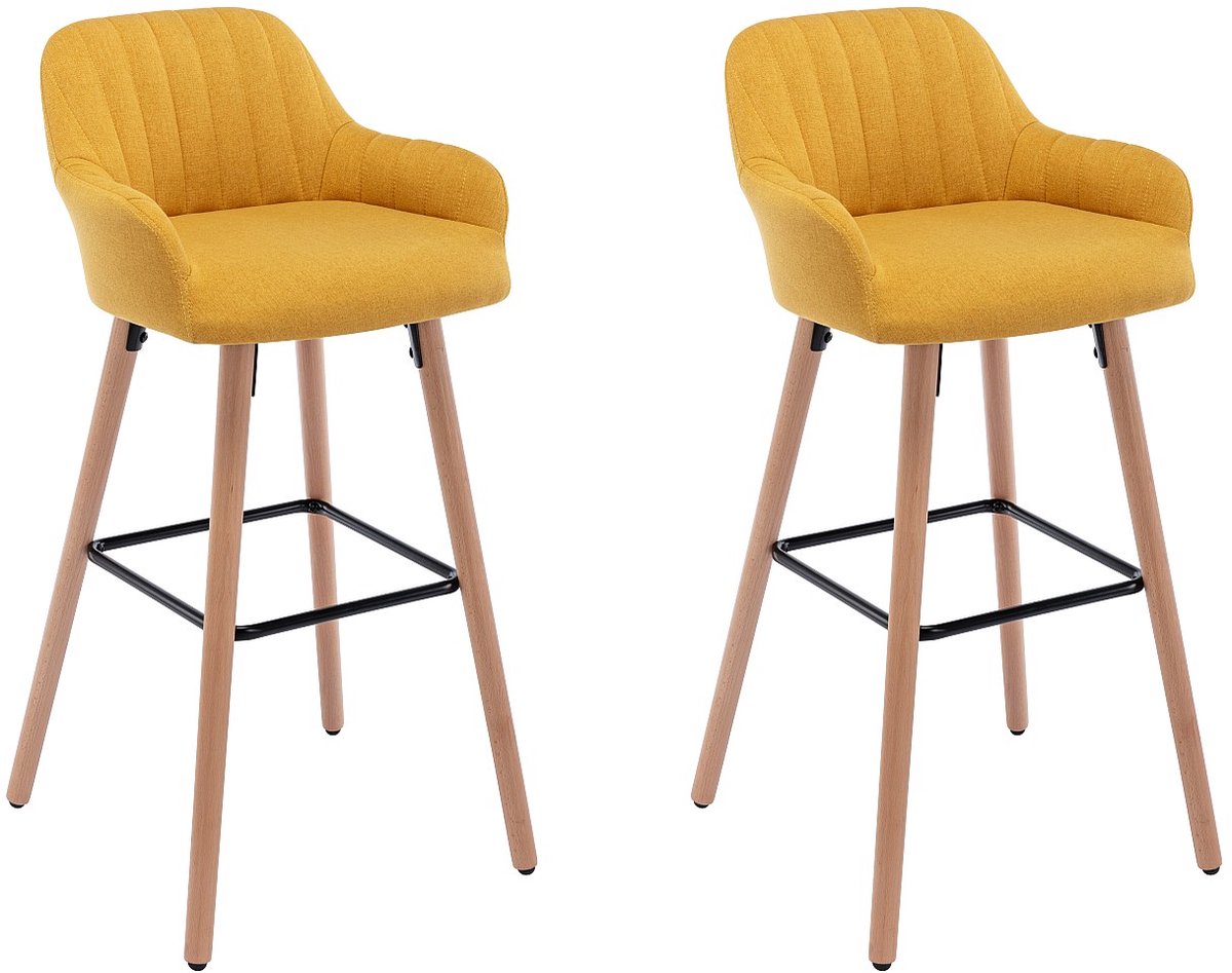 Vente-unique Set van 2 barkrukken van stof met beukenhouten poten - Geel - ELEANA