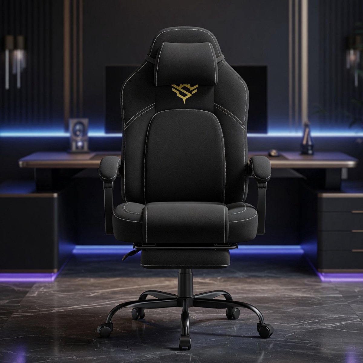 Ergonomische Gaming Bureaustoel met Voetensteun en Lendensteun – Verstelbare Computerstoel 90°–135° Kantelbaar, 360° Draaistoel met Hoofdkussen en Armleuningen – Ademend Katoen-Linnen – Inktzwart – Mobili Bella