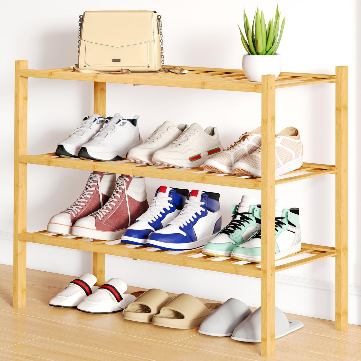 Smiry Schoenenrek (3 niveaus) - Bamboe Schoenenrek - Houten Schoenenkast -Schoenenrek hout - 68x28x49.5cm - Houtkleur