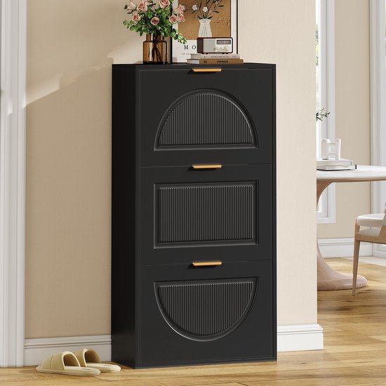 MODENUIT Schoenenkast - Smal Met 3 Kleppen - Voor Hal En Woonkamer - MDF En Spaanplaat - 60x24x114 Cm - Zwart