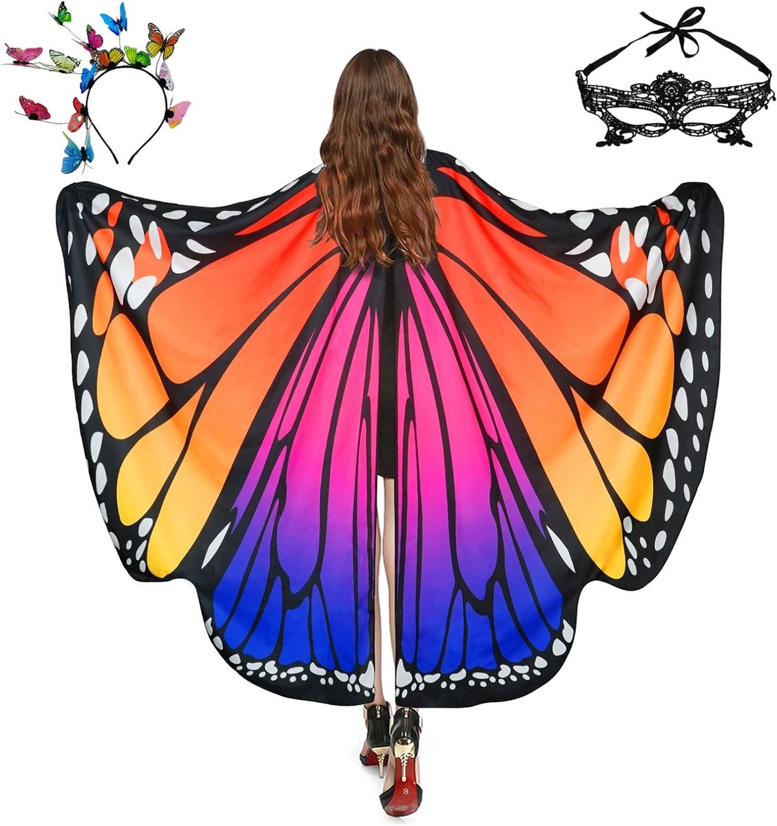 Vrouwelijk Vlinder Kostuum met Hoofdband, Gezichtsbedekking en Cape - Perfect voor Carnaval en Feestjes