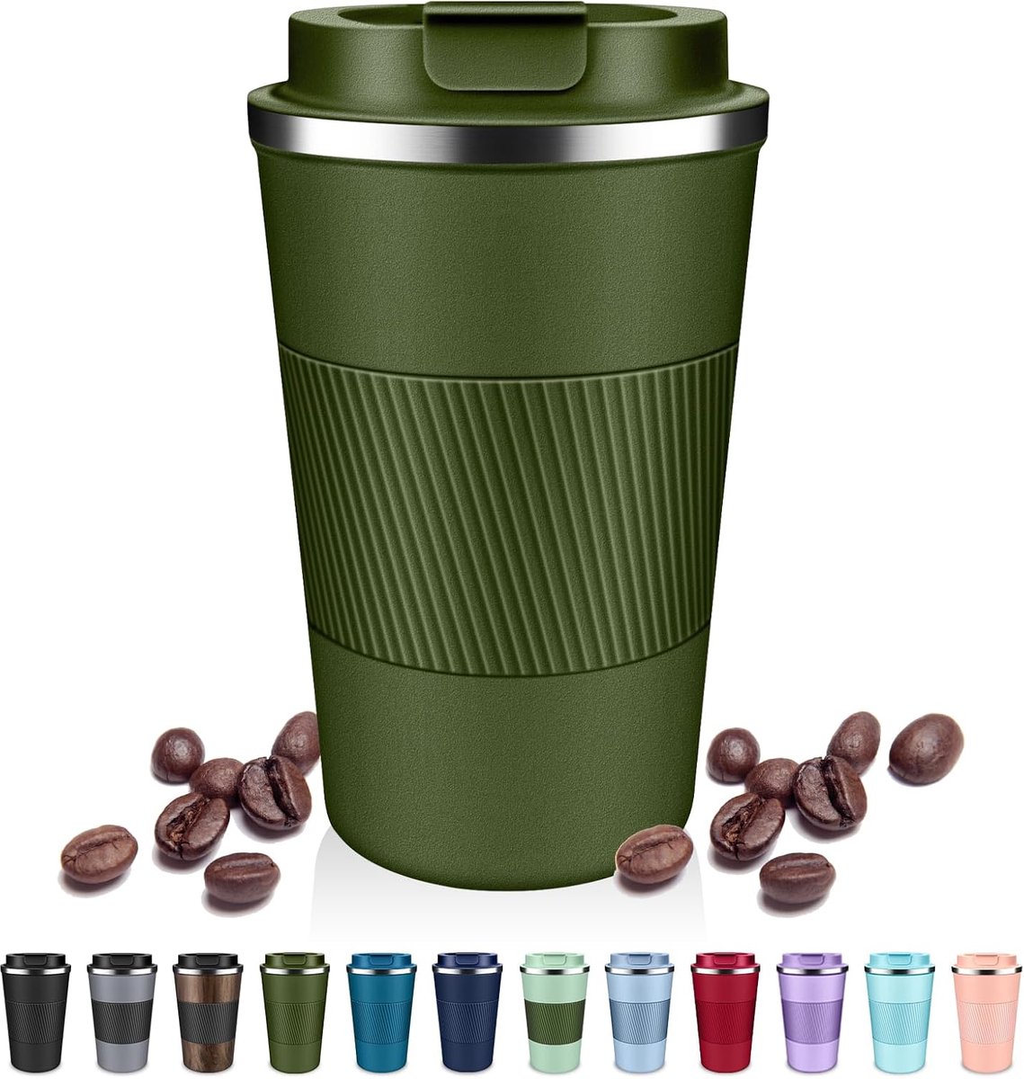 OLOEY Geïsoleerde koffiemok van 380 ml met klapdeksel-roestvrijstalen reismok-lekvrije vacuümisolatie-herbruikbaar-houdt dranken warm of koud-geschikt voor koffie en thee-milieuvriendelijk