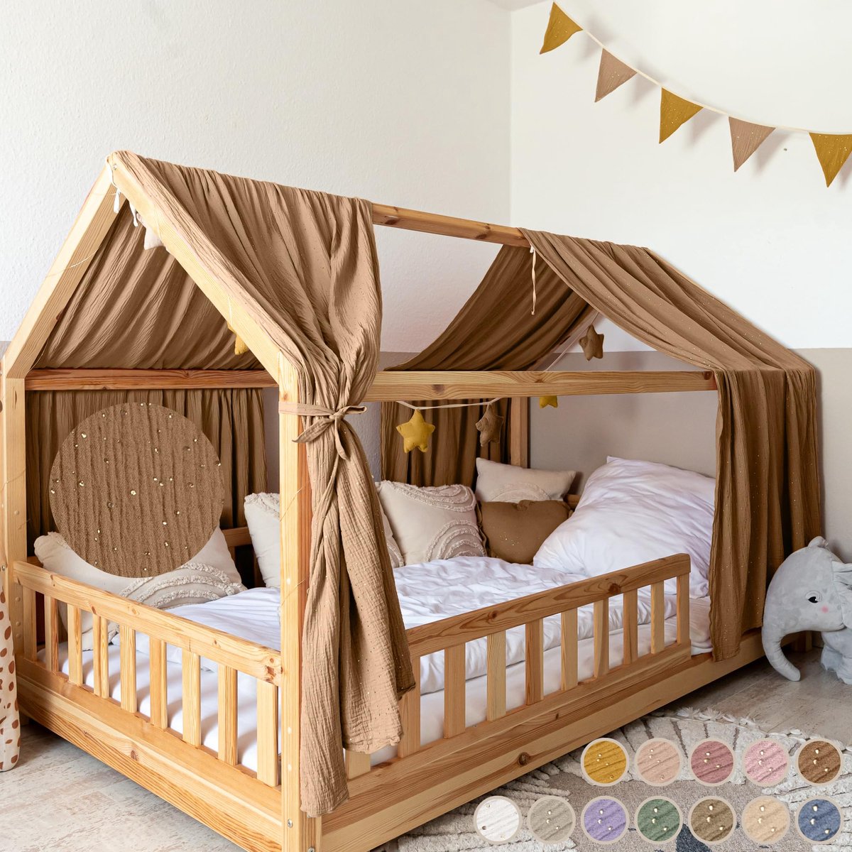 LILIMAUS Huisbed hemeltje met gouden details - bedhemel voor huisbed - 67,5 x 320 cm - mousseline katoen - bruin