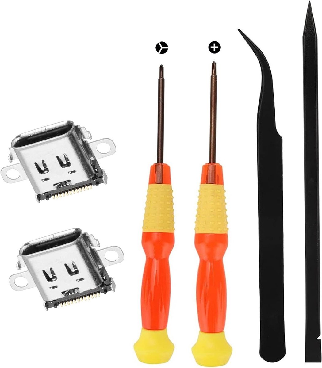 6 Stuks Oplaadpoort Vervangingsset voor Nintendo Switch met USB Oplaadpoorten, Schroevendraaiers en Pincet