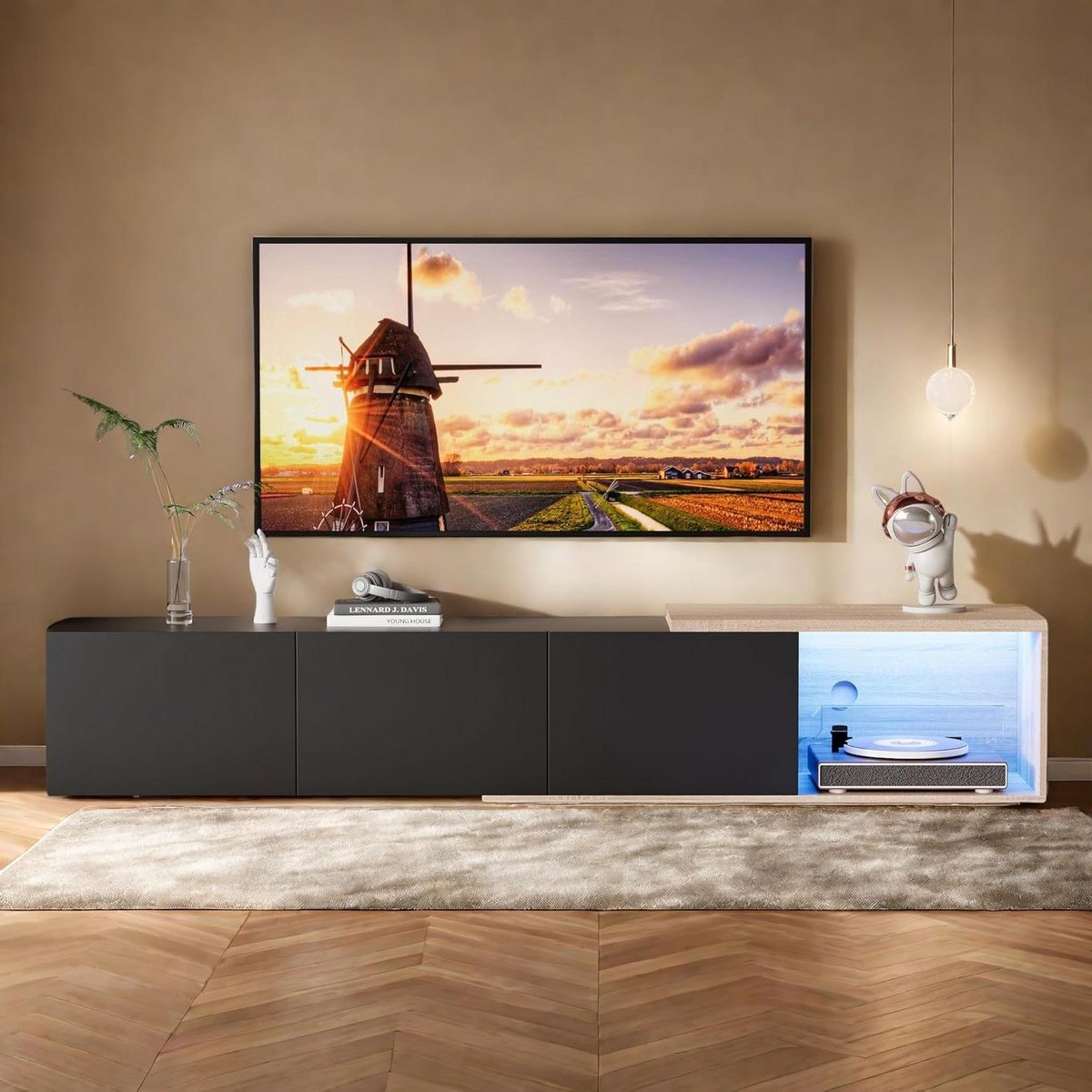 Uitschuifbare TV Kast - TV Meubel Uitschuifbaar - Opbergen Woonkamer - Met LED Inductie - 163-240 cm - Zwart
