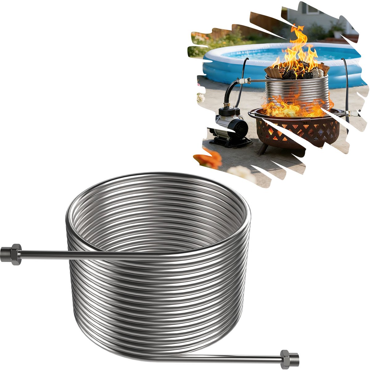 Froadp Zwembadverwarmingsspiraal van 304 roestvrij staal, roest- en corrosiebestendig, geschikt voor chloorhoudend en zout water. Hoge warmte-efficiëntie dankzij een buislengte van 14 m en 15 windingen