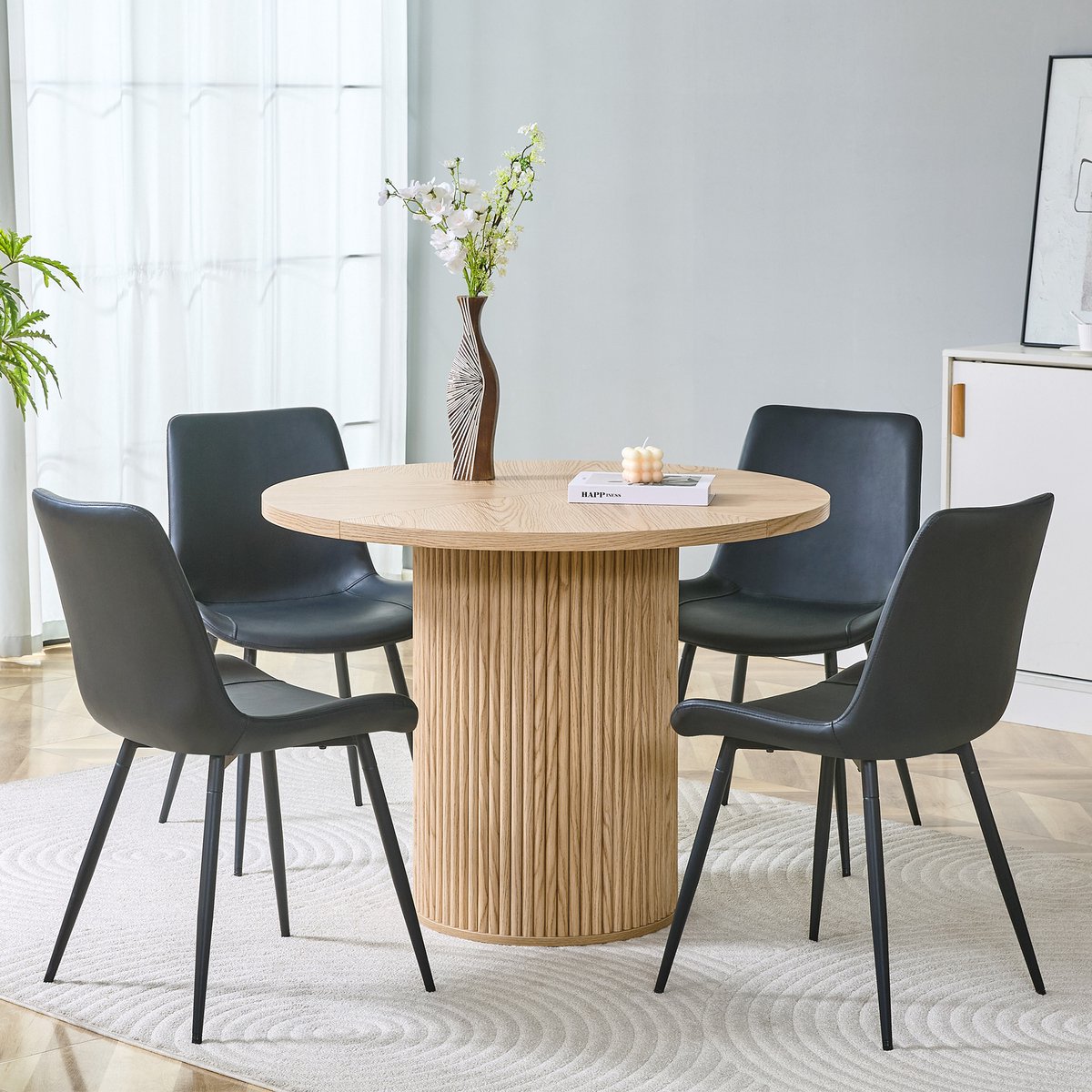 MODENUIT Eethoek - Ronde Eettafel 100 cm met 4 Stoelen - Voor Eetkamer en Keuken - MDF, Metaal, Zwart/Naturel