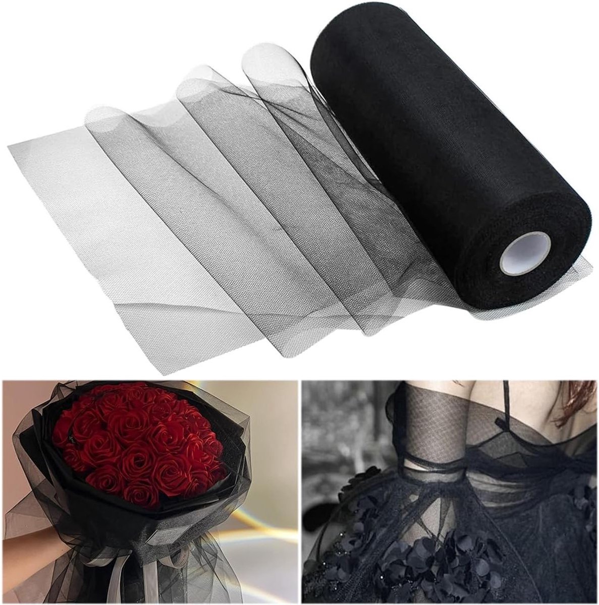Tule Rol 30cm x 91.4m voor Bruiloft, Tafeldecoratie en Feestelijke Versiering (Zwart)