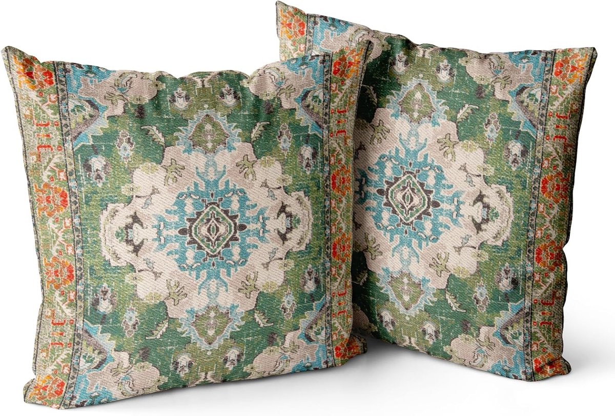 Set van 2 kussens Boheemse stijl 45x45cm decoratieve vierkante gooien kussens kussens voor bank auto slaapkamer woonkamer bank buiten (groen)
