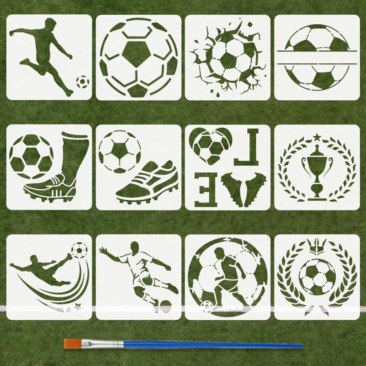 12 Stuks Voetbal Sjablonen met Borstel 15x15cm, Diverse Stijlen voor Sportthema Schilderen, Voetbal Spelers en Schoenen Sjablonen
