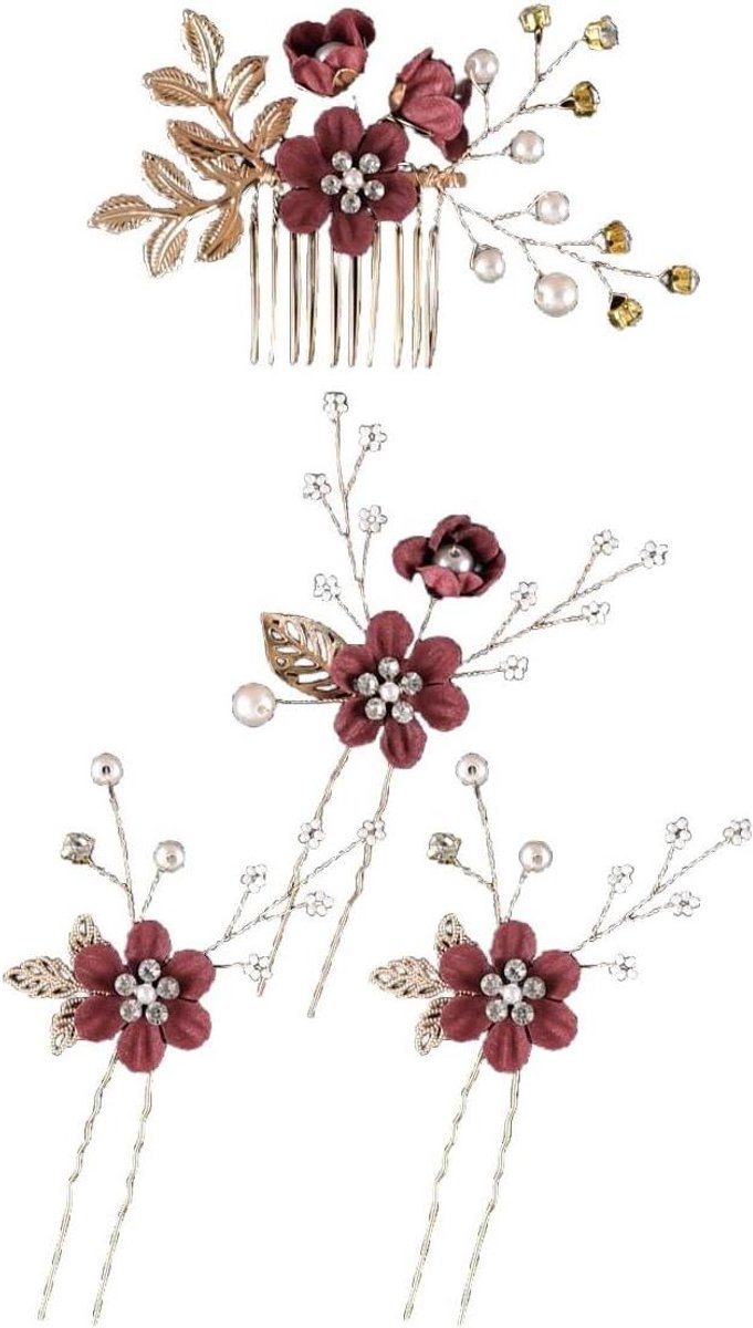 Bloemen Haaraccessoires - Parels Haarkam - Bruiloft Feest - Elegante U-vorm - 4 stuks - Wijnrood
