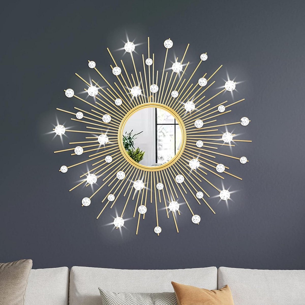 Gouden Zonnestraal Spiegel - Muurdecoratie Zonnespiegel - Woonkamer Verfraaien - Met Kristallen Diamanten - 61 cm - Goud