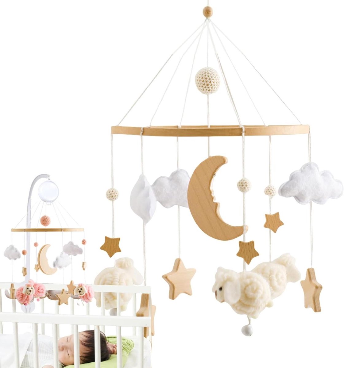 Baby Mobile Wieg - Wiegdecoratie Hanger - Babykamer Aankleden - Houten Design Veilig - 43x22.5 cm - Beige