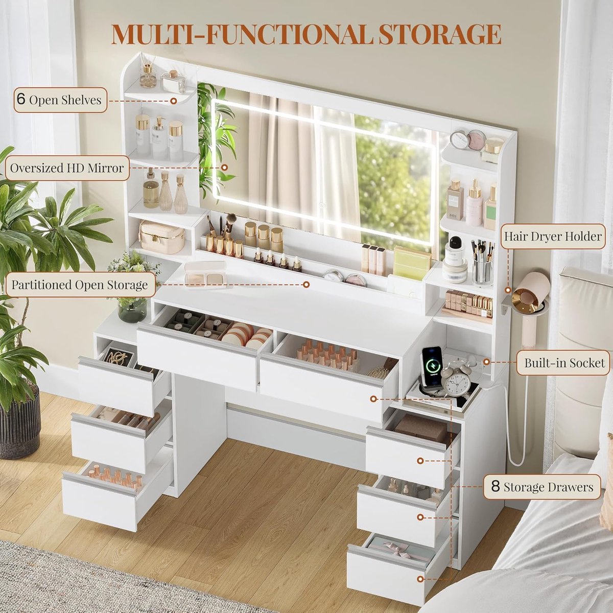 Make-uptafel met LED-look Spiegel en Haardrogerhouder – Kaptafel / Vanity Desk 135x40x145 cm – 8 Lades & Open Vakken – Grote Spiegel 90x48 cm – Modern Wit/Zilver Design – abtkantoor