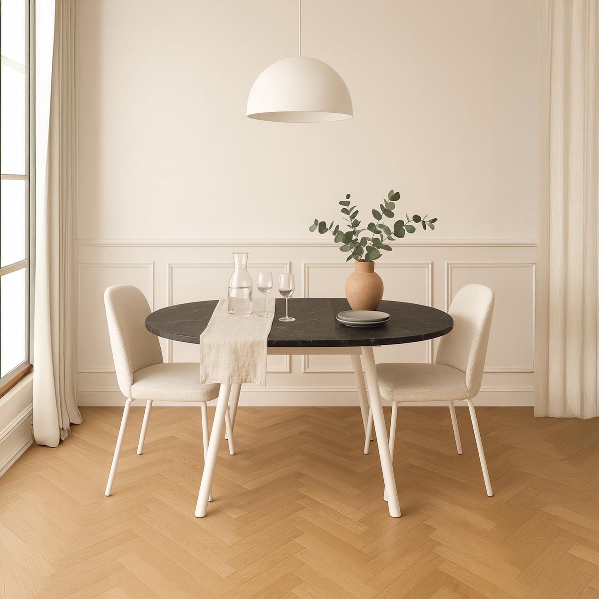 LIV Luxe Ronde Eettafel - Uitschuifbaar 120-150 cm - Marmerlook & Wit Metaal