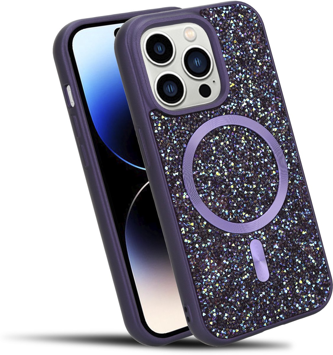 Hoesje geschikt voor iPhone 14 PRO MAX in Paars Diamant Glitter Stijl