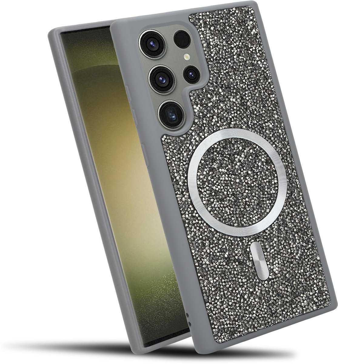 Hoesje geschikt voor Samsung Galaxy S23 ULTRA in Grijs Diamant Glitter Stijl