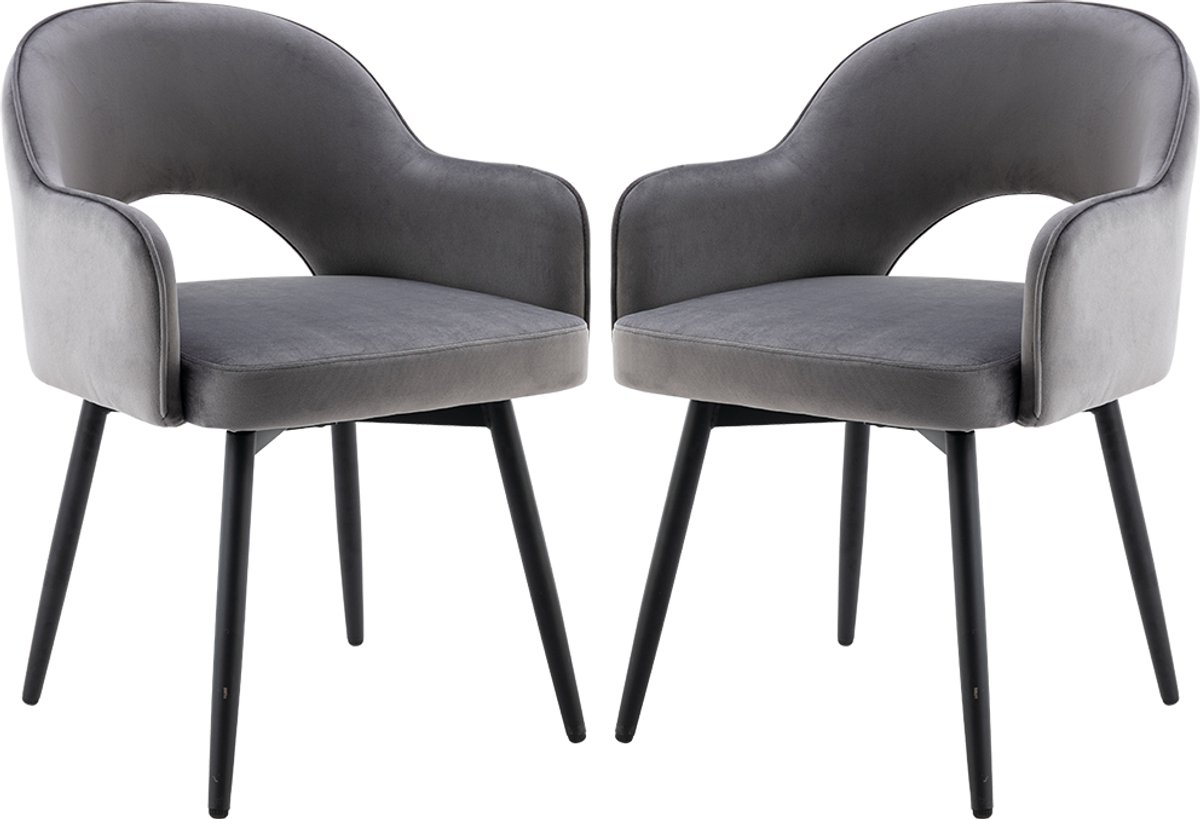 chairus Eetkamerstoel Set van 2 stoelen - Grijs - Velvet - Met Metalen Poten en Armleuningen - Holle Rugleuning - Vaste Hoogte en Draaibaar - Gewatteerde Zitting - Voor de Woonkamer en Keuken