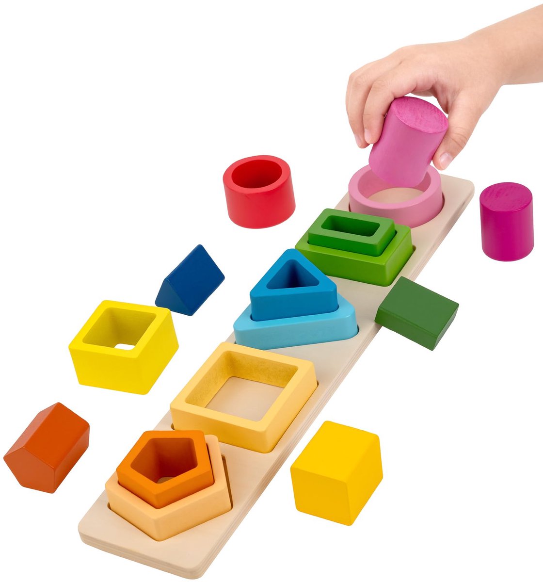 Montessori-speelgoed, Montessori-speelgoed voor de vroege kindertijd, cognitieve bouwblokken, stapel- en sorteerspeelgoed van hout, geometrische vormen.