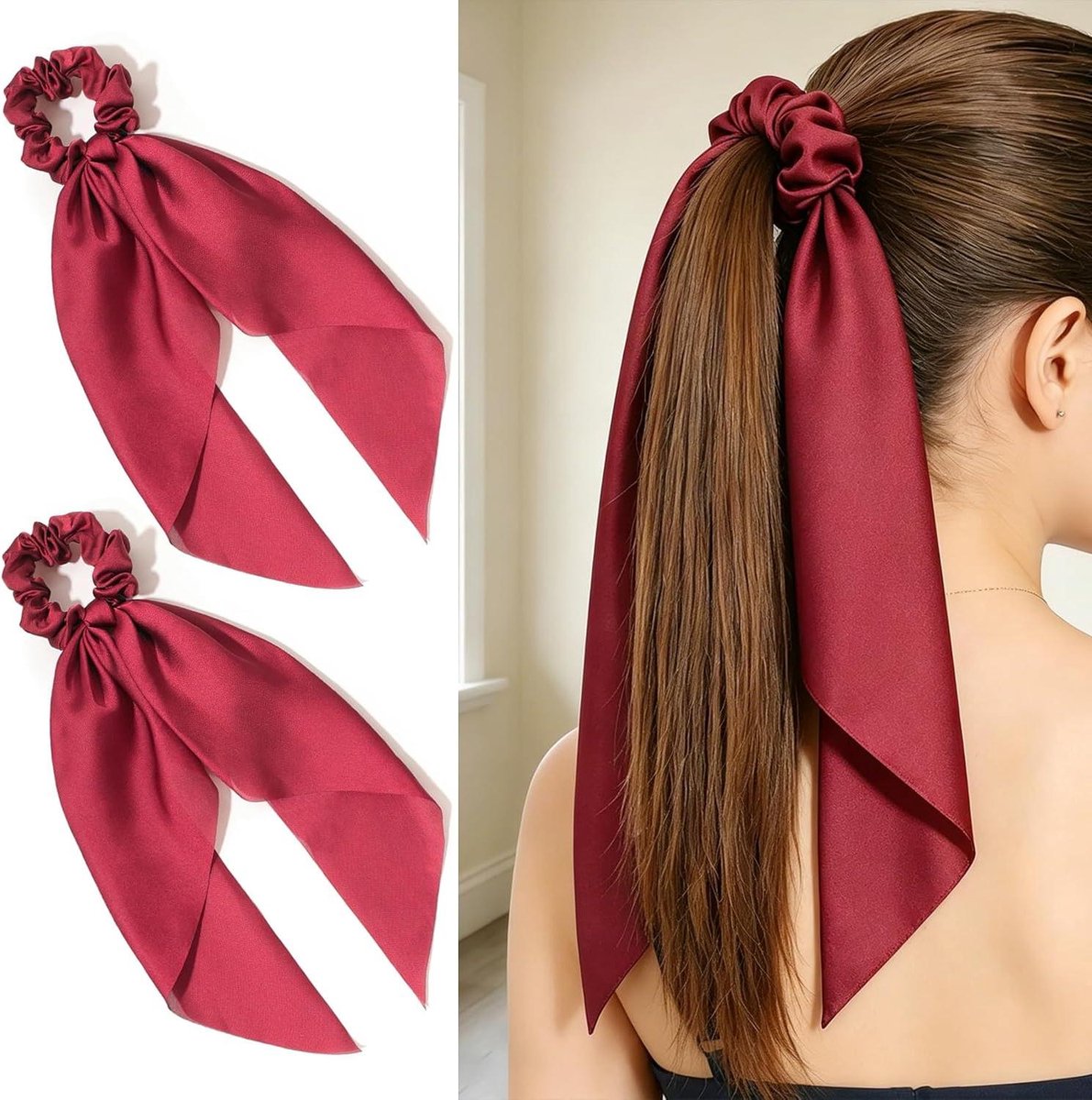 Haar Scrunchies Strik - Haarband Lint - Kapsels Maken - Afneembaar Lint - 2 stuks - Bourgondië
