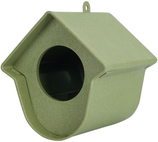 Groen vogelvoederhuisje, van voren gezien, met een ronde opening.